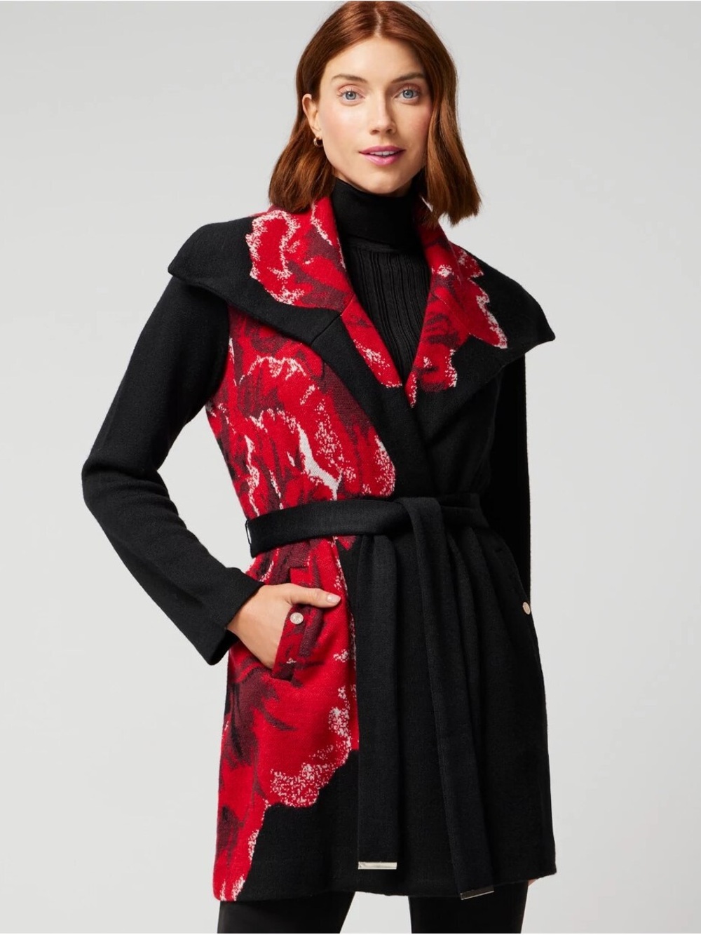 White House Black Market Black & Red Floral Wool-Blend Pea Coat